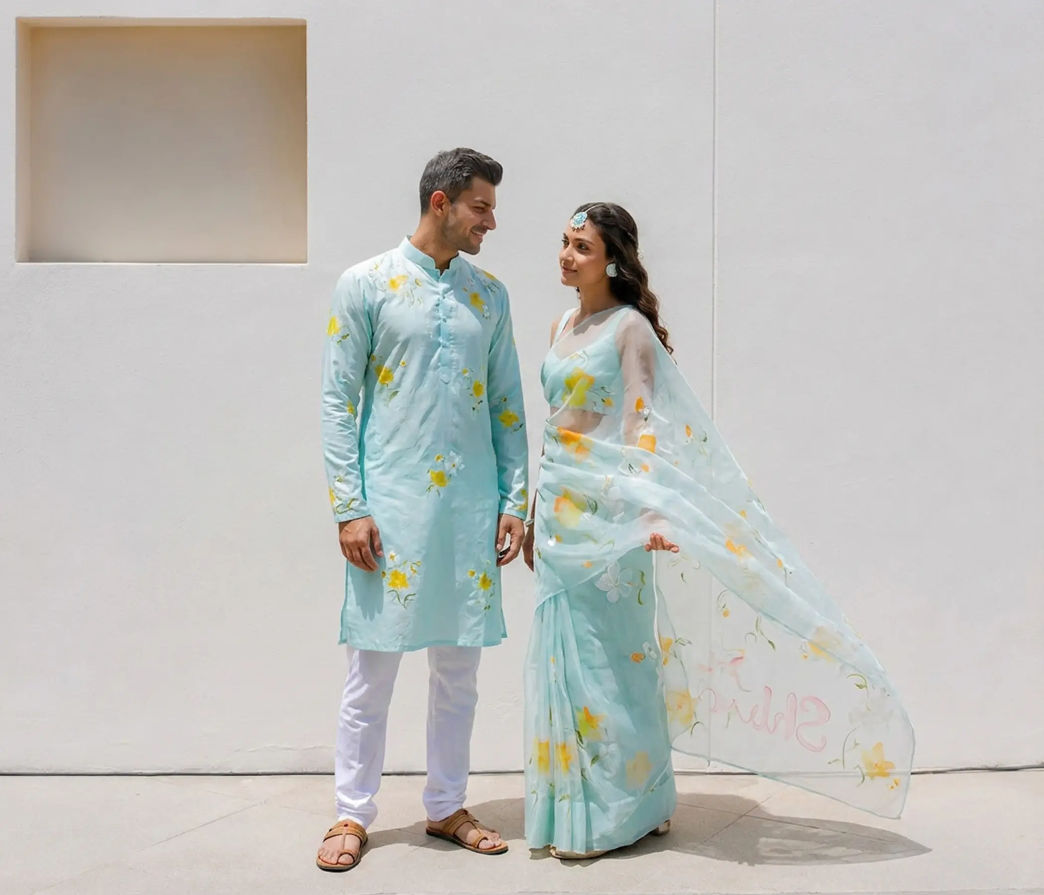 Hand Painted Matching Colour Combo Dress set for Couple | Personalized Organza Saree & Men's Kurta Set